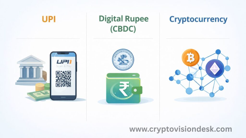CBDC vs UPI vs Crypto Comparison