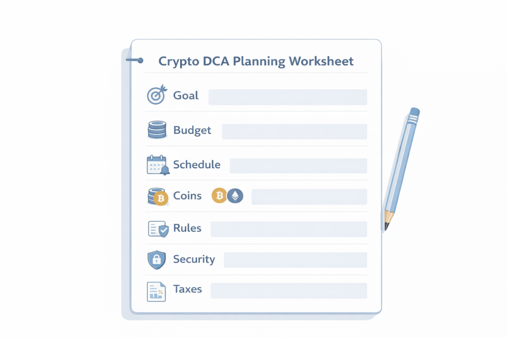 Build your crypto DCA plan step by step (amount, schedule, coins, and rules)