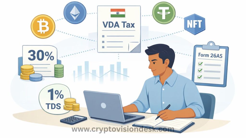 Crypto Tax India 2026 Guide, 30% VDA, 1% TDS, Gains Calculator