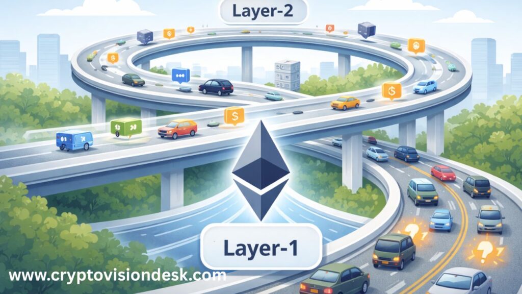 A step-by-step visual flow showing funds moving from Ethereum mainnet to a Layer-2 network, fast transactions happening on Layer-2, and a summary being sent back to Ethereum. Use arrows, simple icons, no technical code visuals. Clean infographic design, beginner-friendly, white background, soft blue and green palette, 16:9 landscape.